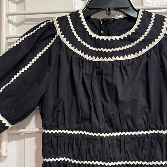 Vintage Black Prairie Dress White Ric Rac Trim Puff Sleeve Cottagecore Midi - Picture 2 of 4